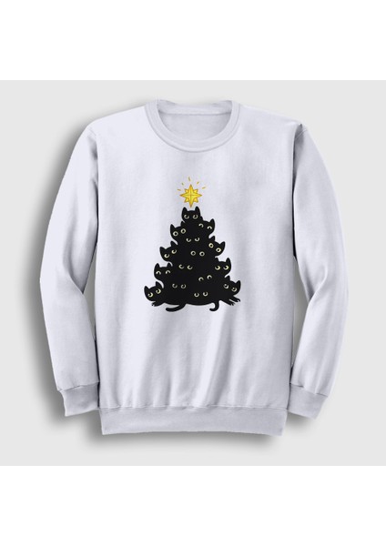 Unisex Beyaz Lights Black Cat Kedi Yılbaşı Sweatshirt