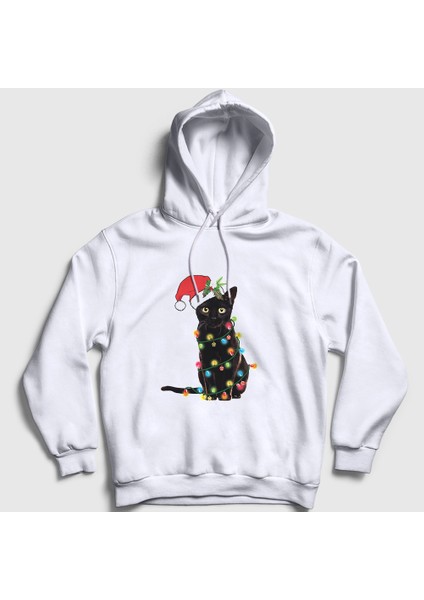 Unisex Beyaz Lights Cat Kedi Yılbaşı Kapüşonlu Sweatshirt