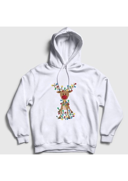 Unisex Beyaz Adorable Reindeer Geyik Yılbaşı Kapüşonlu Sweatshirt