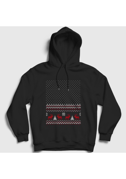 Unisex Siyah Pattern Desen Geyik Yılbaşı Kapüşonlu Sweatshirt