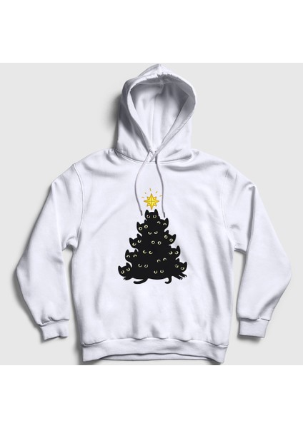 Unisex Beyaz Lights Black Cat Kedi Yılbaşı Kapüşonlu Sweatshirt