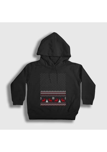Unisex Çocuk Siyah Pattern Desen Geyik Yılbaşı Kapüşonlu Sweatshirt