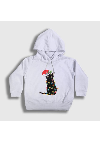Unisex Çocuk Beyaz Lights Cat Kedi Yılbaşı Kapüşonlu Sweatshirt