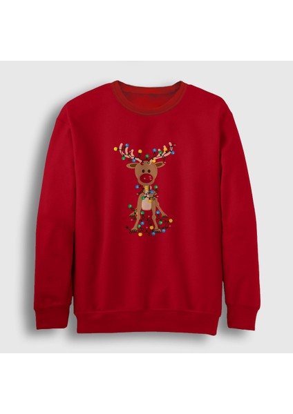 Unisex Kırmızı Adorable Reindeer Geyik Yılbaşı Sweatshirt