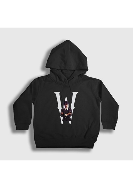 Unisex Çocuk Siyah W Wednesday Addams Family Addams Ailesi Kapüşonlu Sweatshirt