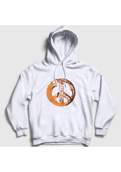Unisex Beyaz Peace Fox Tilki Kapüşonlu Sweatshirt