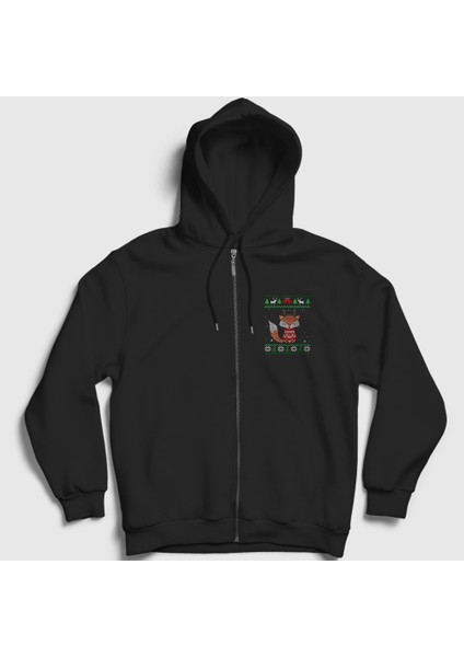 Unisex Siyah Yılbaşı Fox Tilki Fermuarlı Kapüşonlu Sweatshirt
