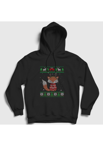 Unisex Siyah Yılbaşı Fox Tilki Kapüşonlu Sweatshirt