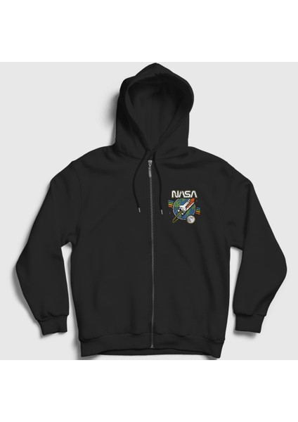 Unisex Siyah Rocket Nasa Space Uzay Fermuarlı Kapüşonlu Sweatshirt