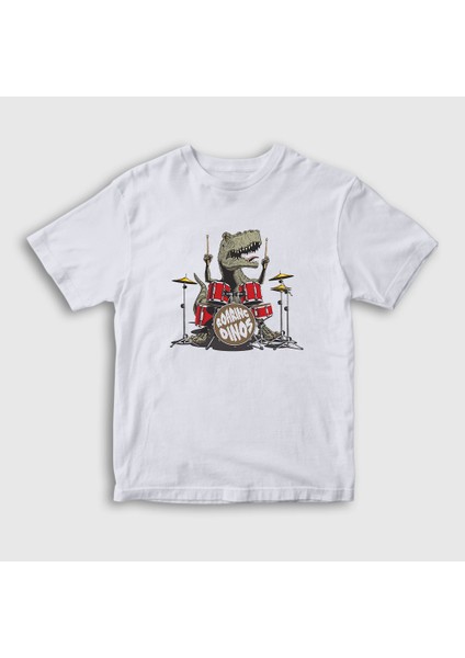 Unisex Çocuk Beyaz Dinos Dinozor Drums Bateri T-Shirt