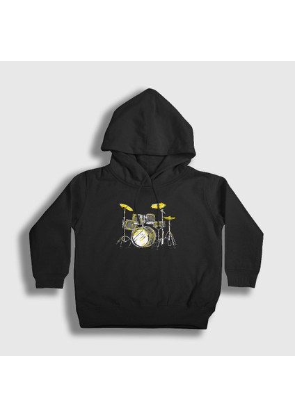 Unisex Çocuk Siyah Music Drums Bateri Kapüşonlu Sweatshirt