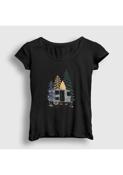 Kadın Siyah Caravan Camper Kamp T-Shirt