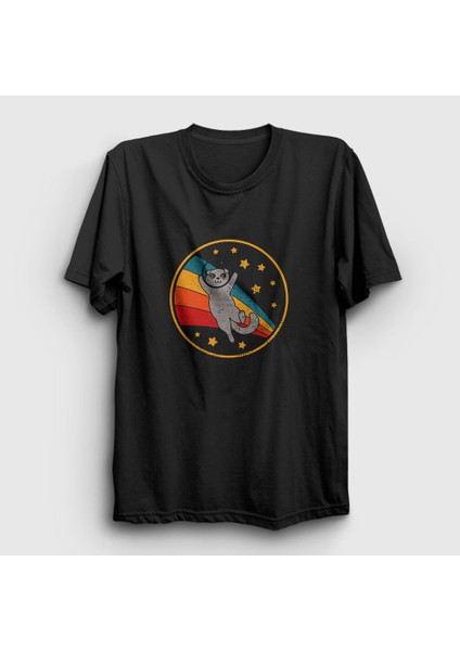 Unisex Siyah Space Scottish Fold Kedi T-Shirt