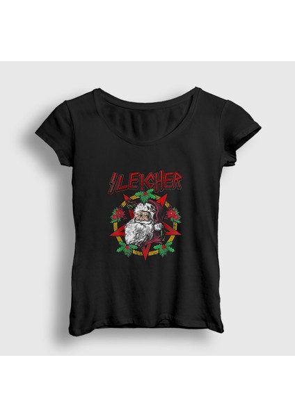 Kadın Siyah Sleigher Slayer Noel Baba Metal Yılbaşı T-Shirt