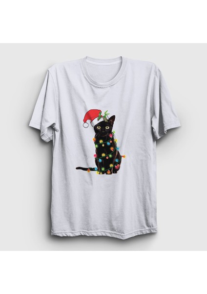 Unisex Beyaz Lights Cat Kedi Yılbaşı T-Shirt