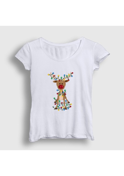 Kadın Beyaz Adorable Reindeer Geyik Yılbaşı T-Shirt