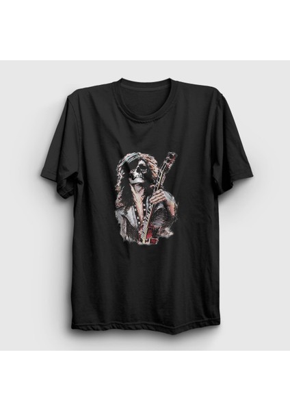 Unisex Siyah LED Zeppelin Skull Jimmy Page T-Shirt