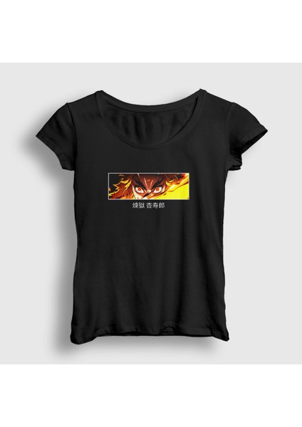 Kadın Siyah Rengoku Anime Demon Slayer Kimetsu No Yaiba T-Shirt