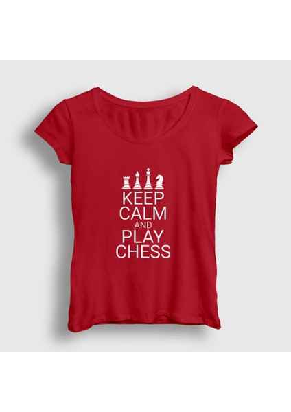 Kadın Kırmızı Keep Calm And Play Chess Satranç T-Shirt