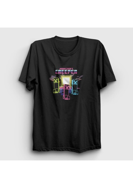 Unisex Siyah Neon Creepers Oyun Minecraft T-Shirt