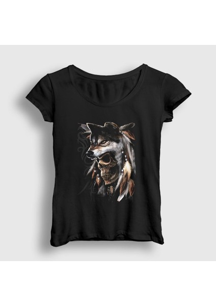 Kadın Siyah Skull Wolf Kurt T-Shirt
