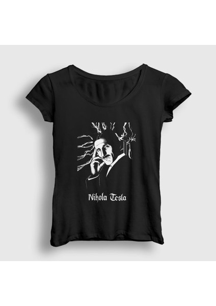 Kadın Siyah Electric Current Scientist Nikola Tesla T-Shirt
