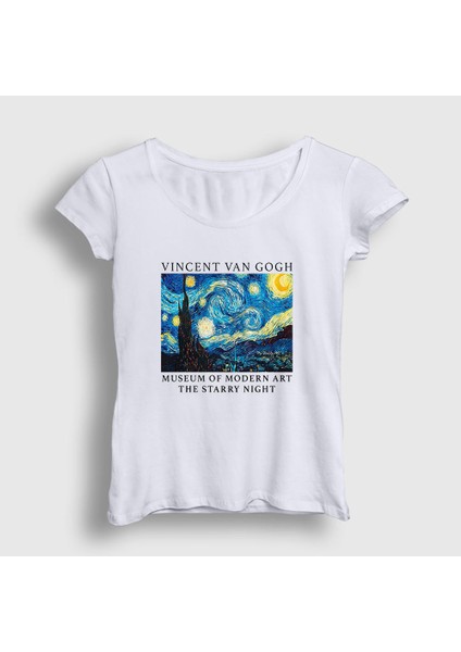 Kadın Beyaz Starry Night V2 Art Painter Vincent Van Gogh T-Shirt