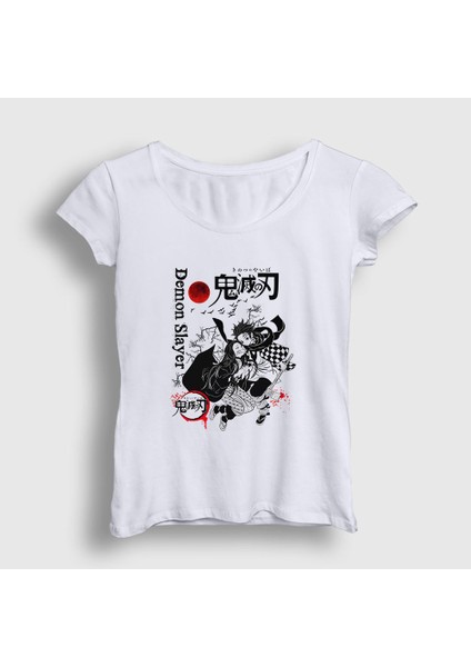 Kadın Beyaz Tanjiro Nezuko V2 Anime Demon Slayer Kimetsu No Yaiba T-Shirt