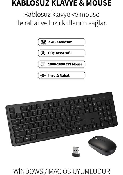 Windows MacOs Uyumlu 1600 CPI Hız Wireless Sessiz Güç Tasarruflu Kablosuz Türkçe Q Klavye Mouse Set KM-236W