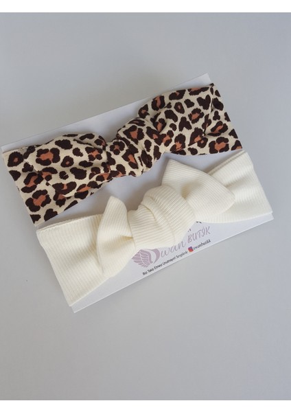 Swan Butik Kız Çocuk Bebek Bandana Toka Seti 2'li Pudra Krem Ribana, Leopar