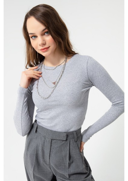 Kadın Gri Fitilli Uzun Kollu Crop Bluz