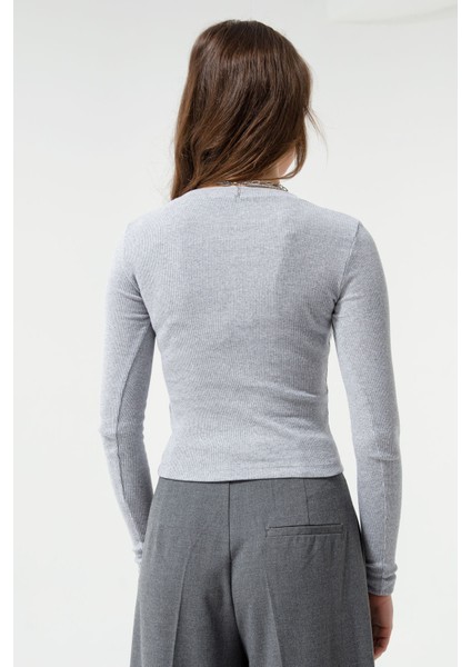 Kadın Gri Fitilli Uzun Kollu Crop Bluz