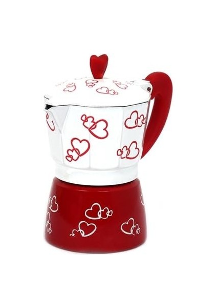 300 ml Kırmızı Kalp Baskılı Kahve Makinesi Alüminyum Alaşımlı Moka Pot (Yurt Dışından)