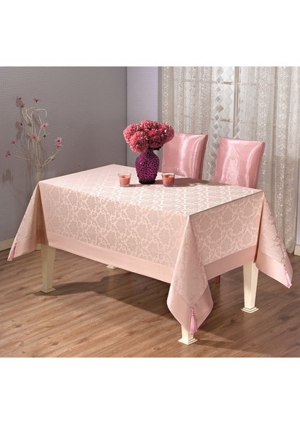 Pamuklu Damask Desen Pudra Pembe Renk Luks Masa Örtüsü 160X220CM