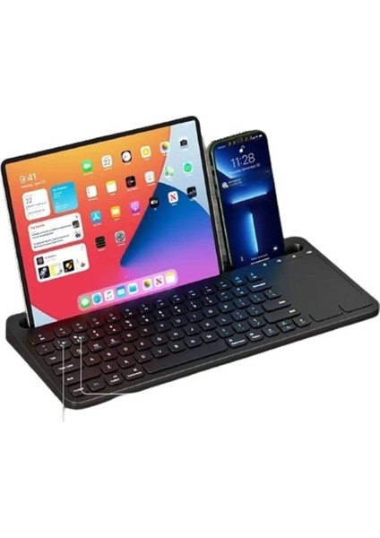 Apple iPad Air 2 A1566 A1567 Uyumlu Kablosuz Standlı Şarjlı Bluetooth Touchpad Klavye Siyah