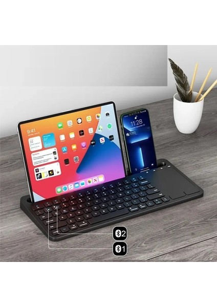 Apple iPad Air 2 A1566 A1567 Uyumlu Kablosuz Standlı Şarjlı Bluetooth Touchpad Klavye Siyah