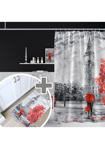 Bigben Londra Desenli Baskılı Banyo Perdesi Ve Paspası, 180 x 200 cm Duş Perdesi Ve Banyo Paspası Takımı