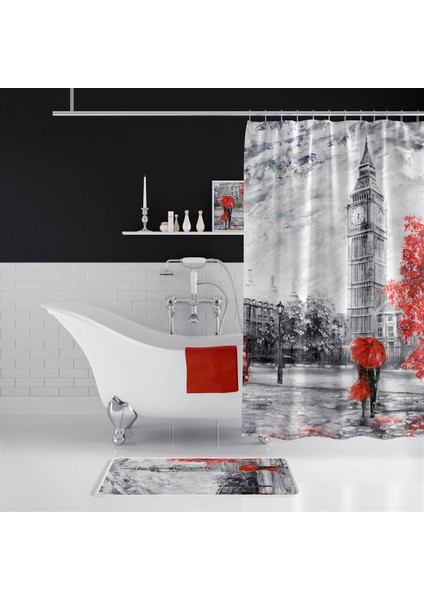 Bigben Londra Desenli Baskılı Banyo Perdesi Ve Paspası, 180 x 200 cm Duş Perdesi Ve Banyo Paspası Takımı fiyatları