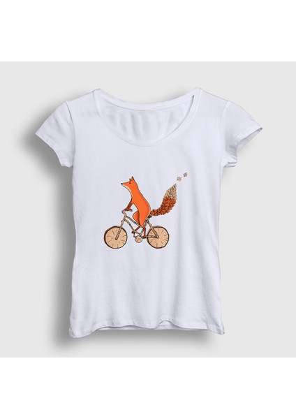 Kadın Beyaz Bicycle Fox Tilki T-Shirt