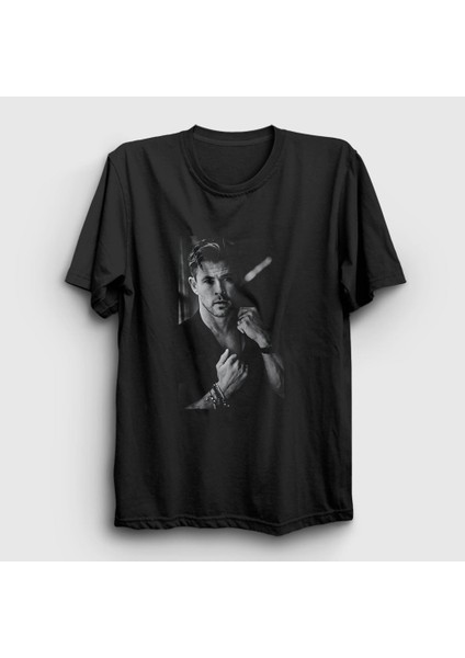 Unisex Siyah Grayscale Chris Hemsworth T-Shirt