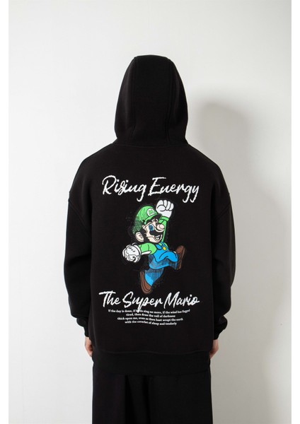 Oversize The Süper Mario Baskılı Kapüşonlu Sweatshirt Siyah