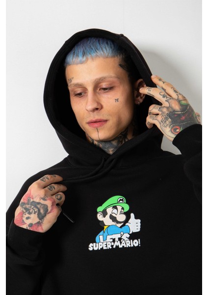 Oversize The Süper Mario Baskılı Kapüşonlu Sweatshirt Siyah