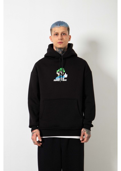 Oversize The Süper Mario Baskılı Kapüşonlu Sweatshirt Siyah