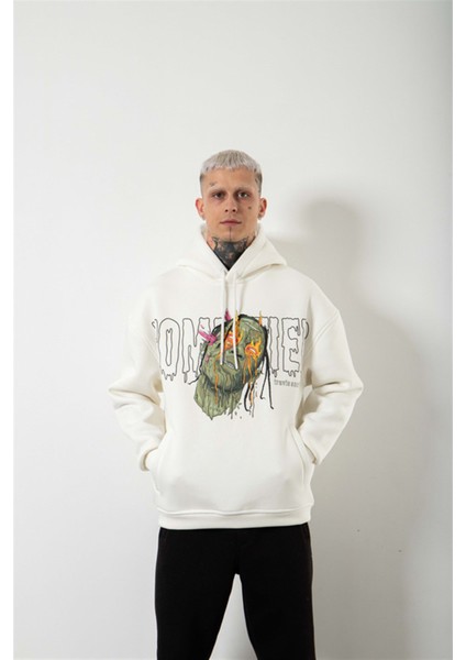 Oversize Travis Scott Baskılı Kapüşonlu Sweatshirt Ekru