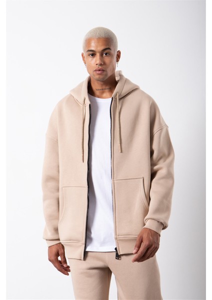 Oversize Fermuarlı Cepli Kapüşonlu Basic Sweatshirt Bej