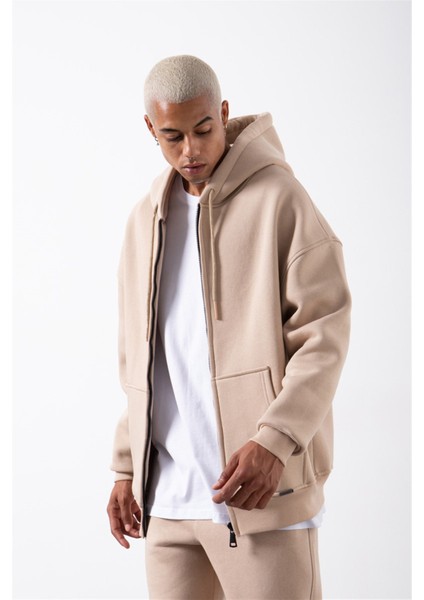 Oversize Fermuarlı Cepli Kapüşonlu Basic Sweatshirt Bej