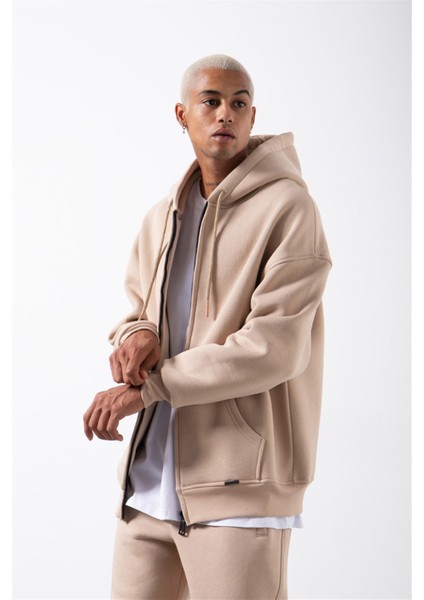 Oversize Fermuarlı Cepli Kapüşonlu Basic Sweatshirt Bej