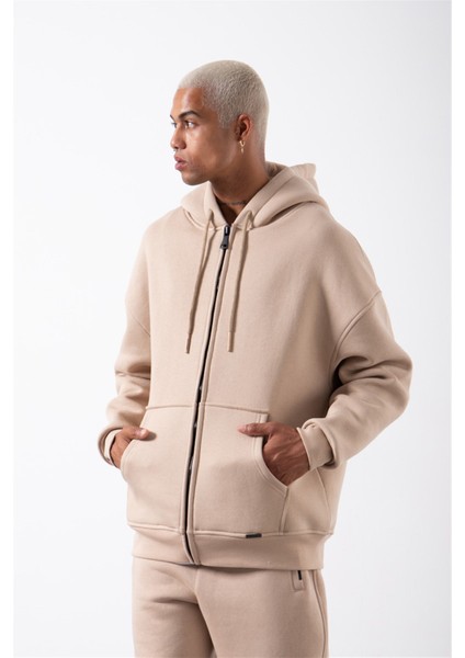 Oversize Fermuarlı Cepli Kapüşonlu Basic Sweatshirt Bej