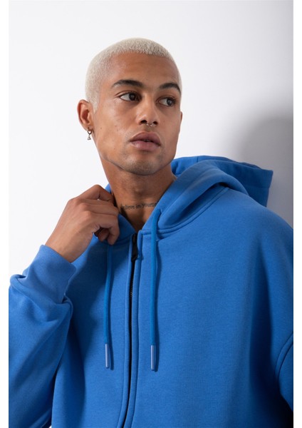 Oversize Fermuarlı Cepli Kapüşonlu Basic Sweatshirt Saks indirimleri