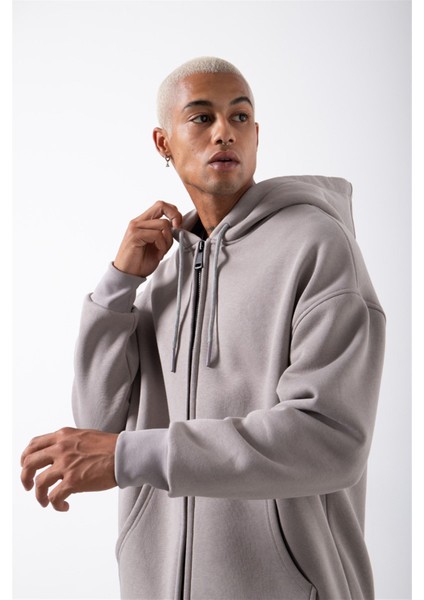 Oversize Fermuarlı Cepli Kapüşonlu Basic Sweatshirt Ice Gri